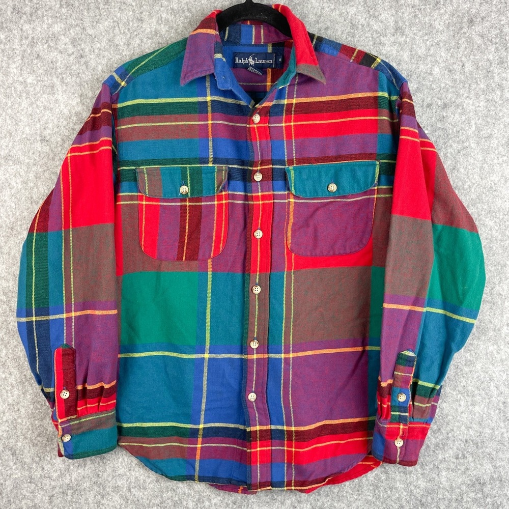 Vintage Ralph Lauren Flannel Top Womens 8 Plaid Patch Pockets Preppy 80s 90s